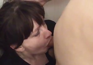 Lingerie-wearing older lady ravaged from behind